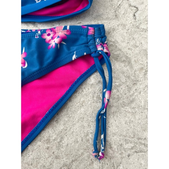 Youth Girls 2 Piece Bikini Swimsuit Set  Blue & Hot Pink Floral Pattern- Size 14 - Picture 3 of 9